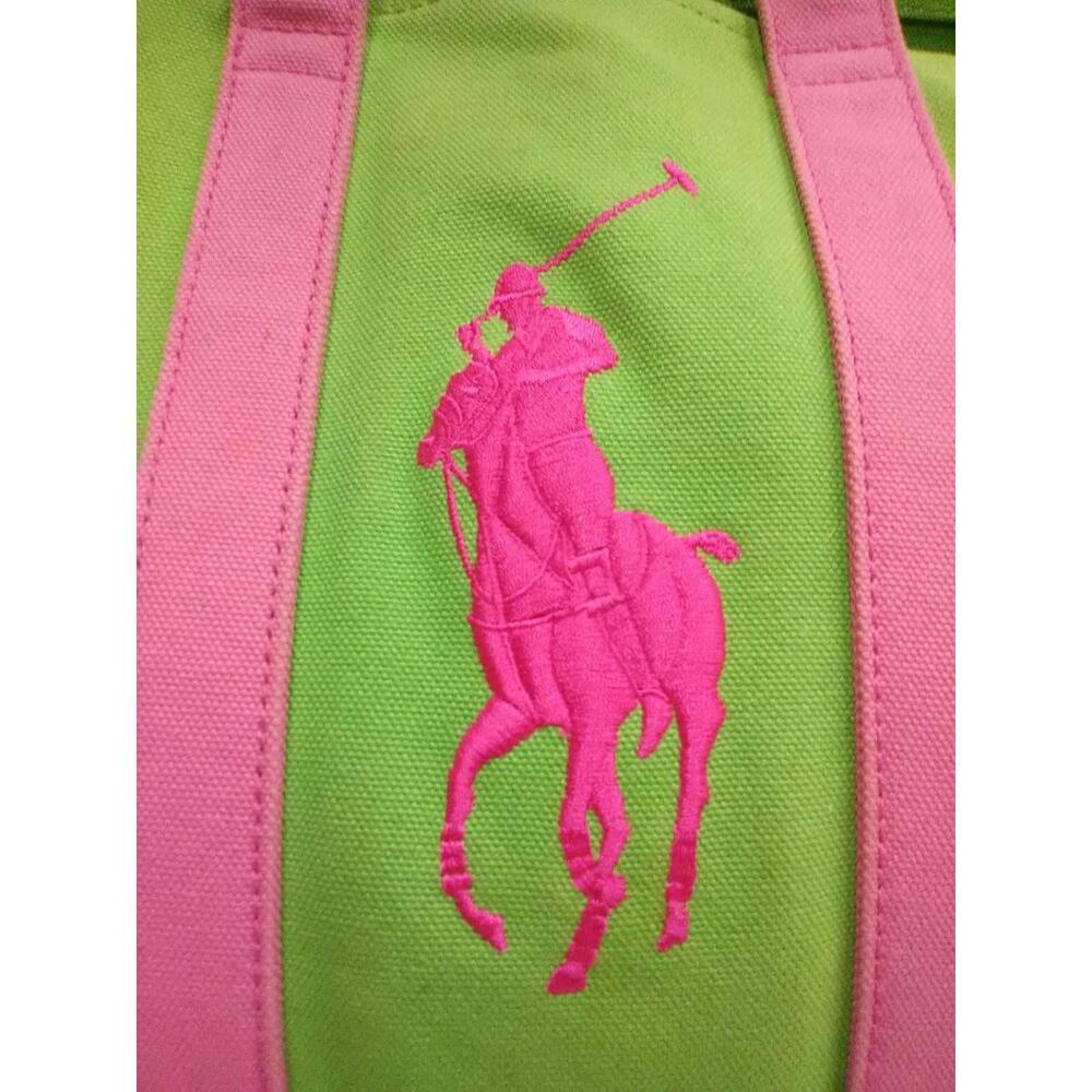 Ralph Lauren Tote Bag Womens Green Pink Canvas Big Pony Embroidered Preppy Beach - Picture 2 of 9
